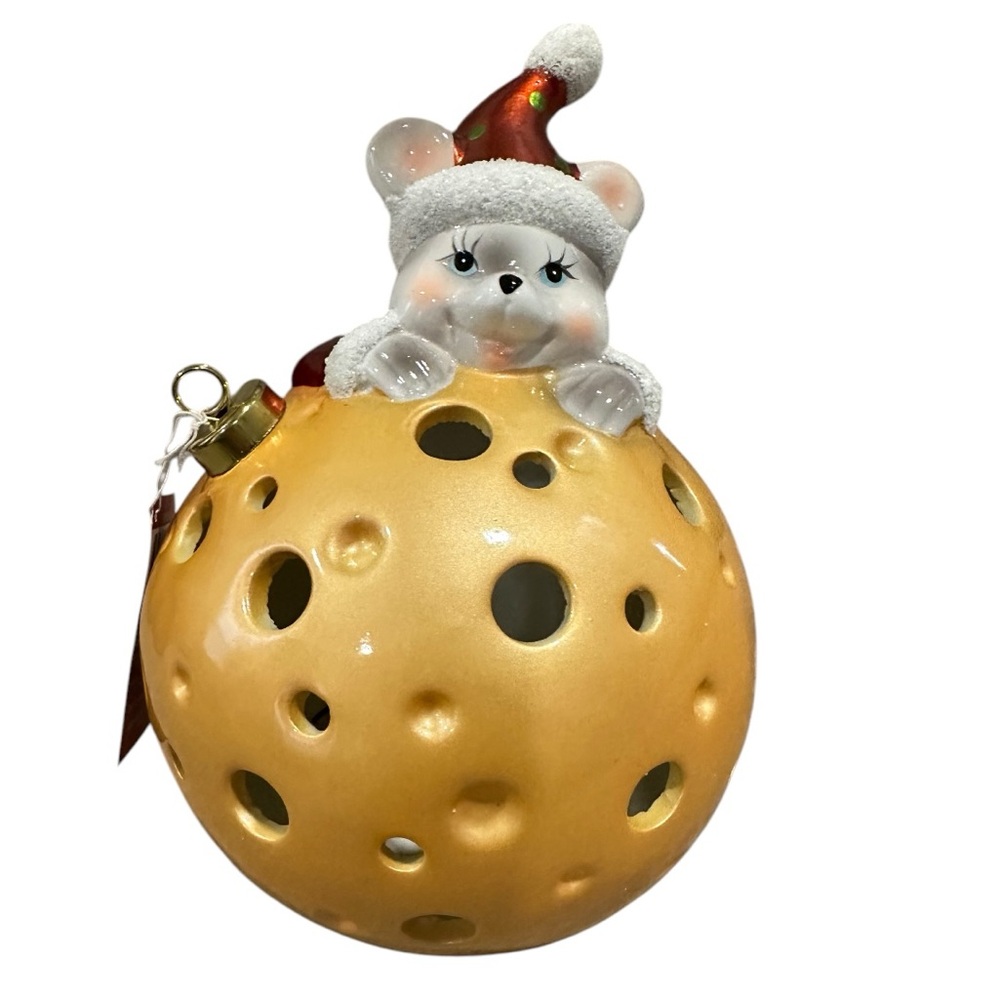 Home Reflections LUMINARY Flameless Candle & Timer “Mouse on Christmas Ball”NEW